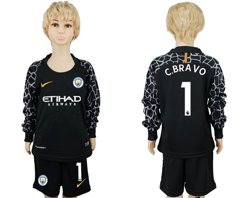Manchester City #1 C.Bravo Black Goalkeeper Long Sleeves Kid Soccer Club Jersey